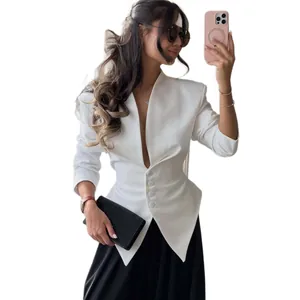 Elegant white slim-fit V-neck blazer with a waist-cinching design for fashion women
