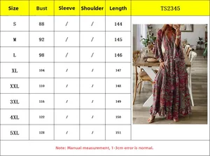 Tabla de tallas detallada del vestido largo bohemio con estampado floral y cuello en V alto