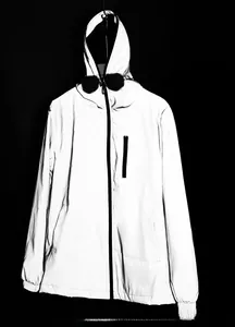 Detailed view of silver reflective outdoor hooded jacket with full-zip design
