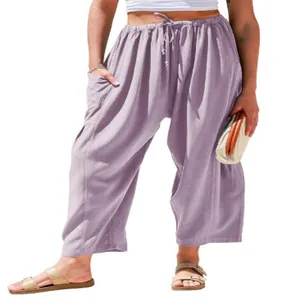 Women's casual lavender wide-leg linen trousers with elastic drawstring waist