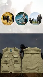 Vue détaillée du gilet utilitaire kaki à poches multiples pour la pêche et la photo