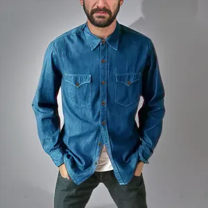 Classic men's retro blue denim shirt with double pockets in American workwear style