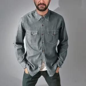 Vintage grey long-sleeve denim shirt for men with workwear style chest pockets