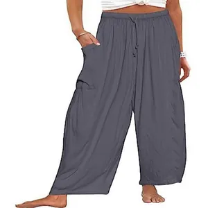 Casual loose cotton linen pants with elastic drawstring waist and side pockets in grey