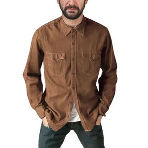 Vintage brown long-sleeved denim shirt for men featuring dual button chest pockets