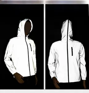 Detailed view of highly reflective hooded outdoor windbreaker jacket front and back