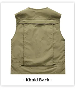 Vue arrière du gilet utilitaire d'extérieur kaki multi-poches respirant pour hommes, style photo