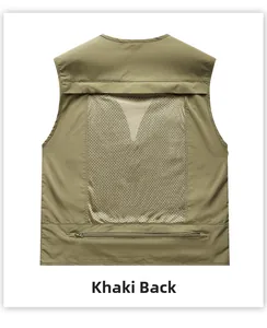 Détail d'un gilet utilitaire kaki avec un panneau arrière en maille respirante.
