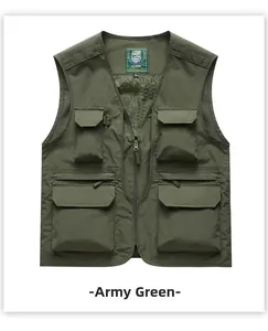 Gilet utilitaire vert militaire à poches pour hommes, design de veste de pêche robuste