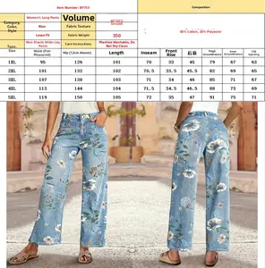 Größentabelle für Jeans mit Blumendruck und Model-Passformansicht von vorne und hinten
