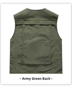 Vue arrière du gilet de photographie extérieur vert armée avec poche zippée