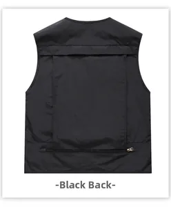 Vue détaillée du dos d'un gilet de photographie d'extérieur noir léger à plusieurs poches