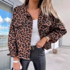 Women Leopard Print Denim Jacket Loose Casual Distressed Frayed Hem Short Coat Button Down Long Sleeve Top Cotton Blend Outerwear