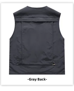 Vue arrière détaillée d'un gilet d'extérieur gris foncé pour hommes avec poche zippée