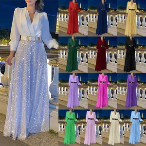 Elegante set camicia scollo a V maniche lunghe e pantaloni ampi con paillettes