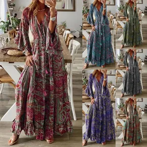 Vestido Largo Maxi Bohemio Cuello en V Manga Campana para Mujer Vintage Estampado Ameba Talle Alto Fluido para Vacaciones Playa