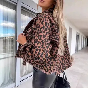 Stylish leopard print cropped denim jacket with fringe hem for a street style look