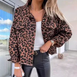 Oversized leopard print denim jacket with frayed hem for trendy women's streetwear style