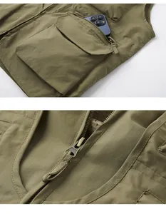 Vue détaillée de la veste cargo multi-poches avec fermeture éclair de qualité et grande capacité.