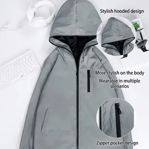 Reflective grey hooded outdoor windbreaker jacket with functional multi-pocket design for men