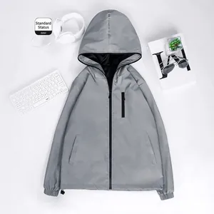 Men's loose reflective outdoor hooded windbreaker jacket with multi-pocket design