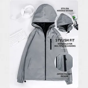 Grey men's reflective hooded windbreaker jacket with multiple pockets for outdoor casual wear