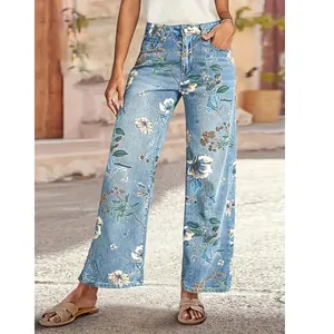 Damen Blumenmuster Jeans Mit Geradem Bein Baumwollmischung Hohe Taille Denim Hose Casual Retro Unterteil Für Damen Blau
