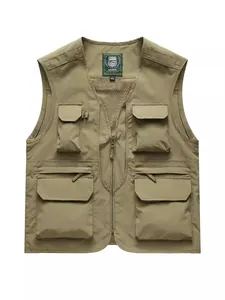 Gilet Utilitaire Multi-poches Homme Extérieur Mince Respirant Col en V Fermeture Éclair Pêche Photographie Gilet Tactique Haut Large