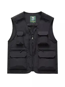 Gilet utilitaire noir multi-poches pour activités de plein air avec doublure mesh