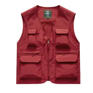 Lightweight red multi-pocket utility vest for men, ideal for outdoor activities and photography.
