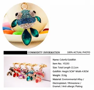 Detailed specifications of colorful rhinestone goldfish keychain including size and materials
