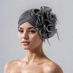 Elegant gray floral turban for women, breathable and elastic headwrap for chemo patients