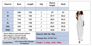 Size chart details for women's summer solid color short sleeve long casual maxi dress