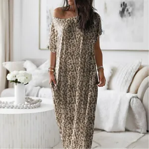 Elegant leopard print short sleeve maxi dress with off-the-shoulder neckline and pockets