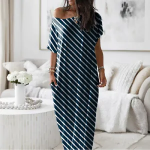 Elegant navy blue and white diagonal striped long casual maxi dress with short sleeves