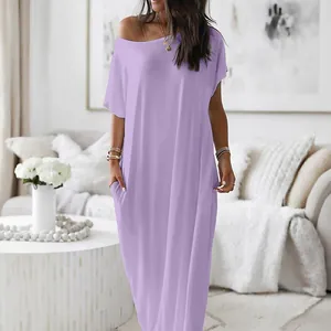 Close-up view of a light purple short sleeve maxi dress featuring convenient side pockets