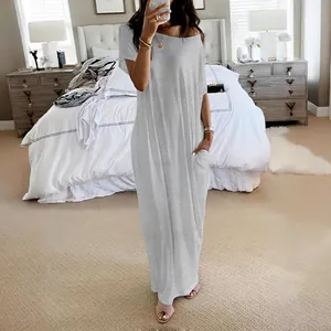 Comfortable women's casual short sleeve grey maxi dress with side pockets for summer