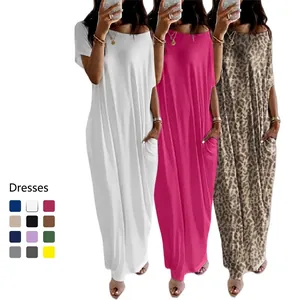 Women Casual Short Sleeve Maxi Dress Loose Fit T-Shirt Dress With Pockets Solid Color Leopard Striped Summer Beach Long Dress