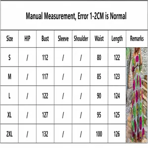 Le guide des tailles détaillé pour robe longue africaine, tailles du S au 2XL.