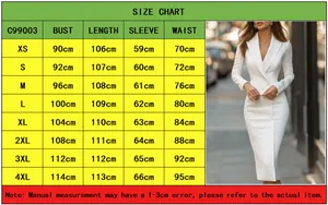 Size chart detail for professional white V-neck slim-fit midi dress with measurements.
