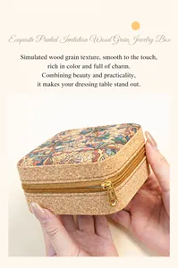 Detail showing a cork jewelry storage box with colorful exotic print and gold zipper.