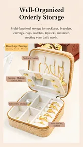 Detail view of portable imitation wood grain jewelry box with vanity mirror and ring slots
