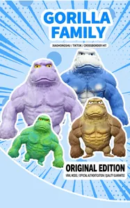 Detailed view of four muscular gorilla stress relief toys in purple blue green and brown