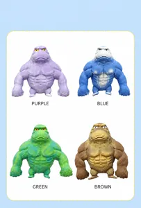 Detailed view of four colorful muscular gorilla squeeze toys in purple, blue, green, and brown.