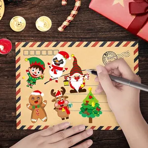 Detail showing festive Christmas DIY cartoon stickers on a vintage kraft envelope