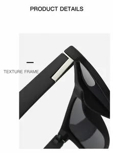 High-quality close-up view of black textured sunglasses frame with polarized metal logo.