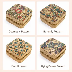 Detail of cork jewelry boxes in four exotic patterns: grid, butterfly, and flowers.