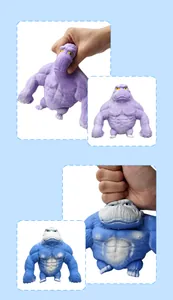 Macro view of muscular gorilla stress relief squishy toys in purple and blue, showing texture.