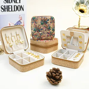 Portable Exotic Mandala Floral Printed Jewelry Storage Box Vintage Wood Grain Cork Jewelry Box For Rings Earrings Necklaces