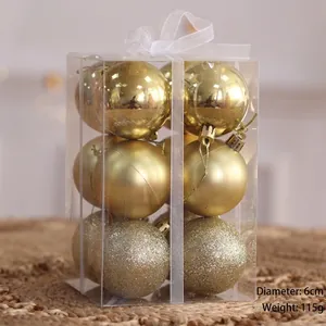 Set of 12 gold Christmas ornaments in glitter, matte, and shiny finishes, 6cm each.